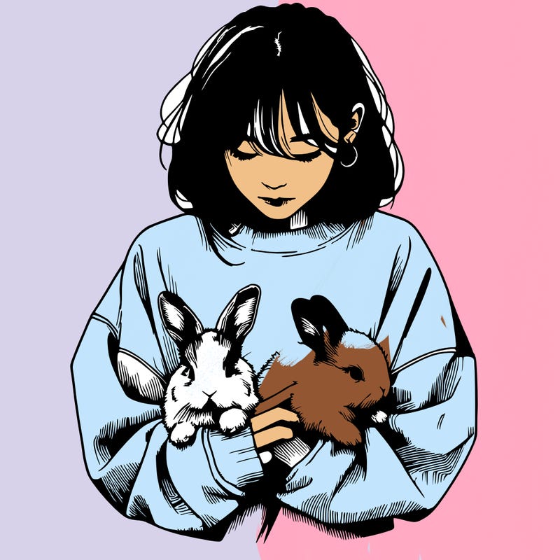realistic girl with messy bunny baggy sweatshirt and holding bunnies