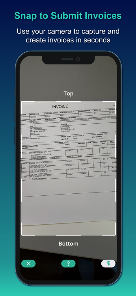 Inn-Flow Mobile - Pantalla de smartphone de la aplicación Inn-Flow Mobile utilizando la cámara para capturar y escanear una factura en papel.
