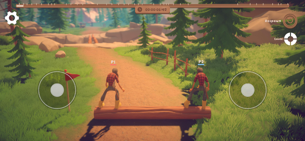 Log Riders - 森の環境で丸太の上で一緒にバランスを取る2人の木こりキャラクター。