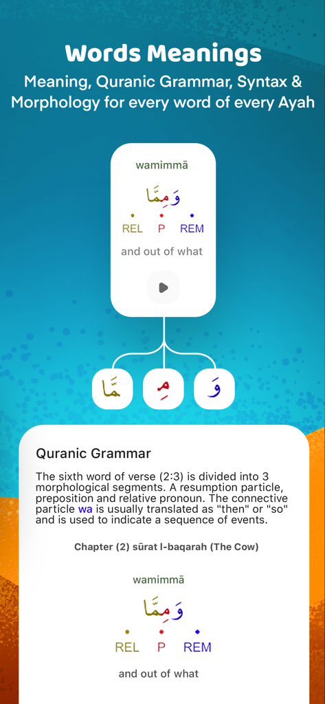 A feature in the Holy Quran app showing word-by-word meaning, syntax, and morphology analysis.