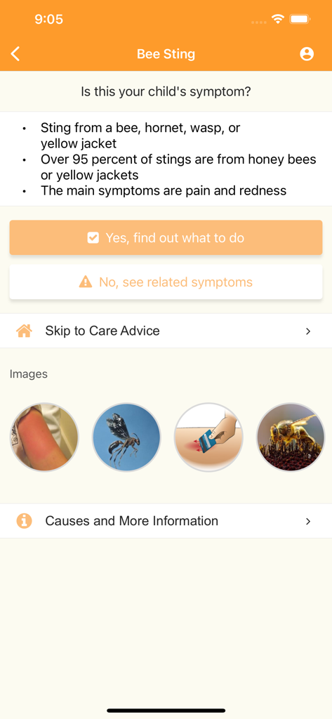 KidsDoc app interface showing bee sting symptom identification and triage options for parents.