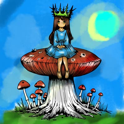 realistic girl sitting on a huge tree stump size toadstool with thorn crown