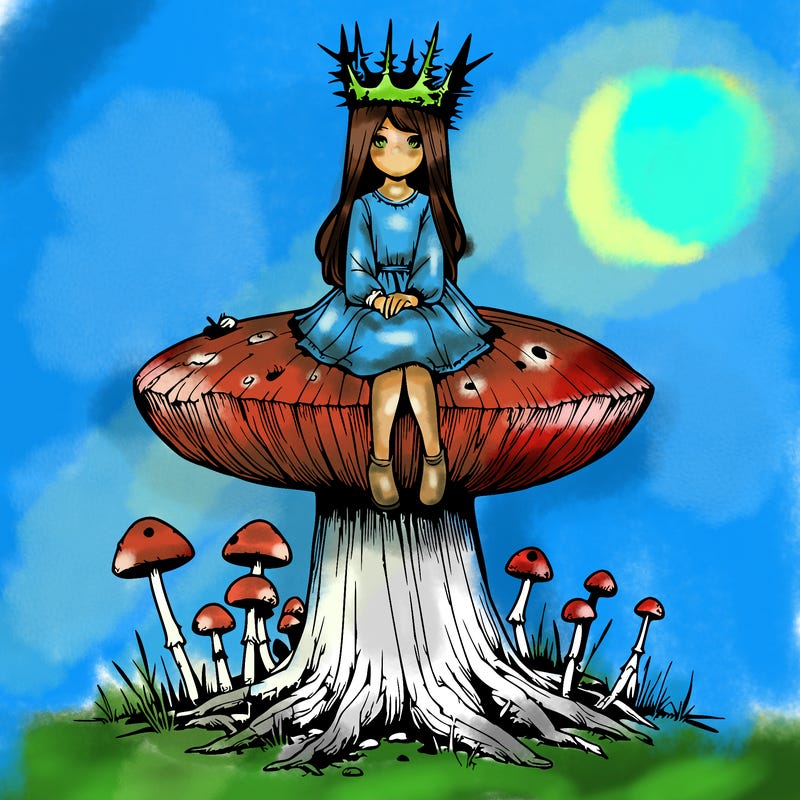 realistic girl sitting on a huge tree stump size toadstool with thorn crown