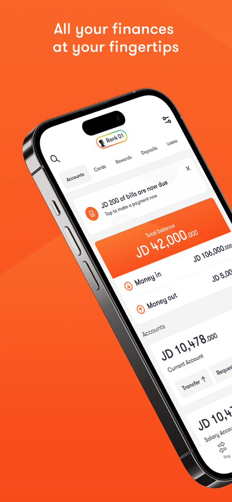 Bank al Etihad | بنك الإتحاد - Dashboard der mobilen App der Bank al Etihad mit Kontoständen und Finanzübersicht auf einem Smartphone-Bildschirm