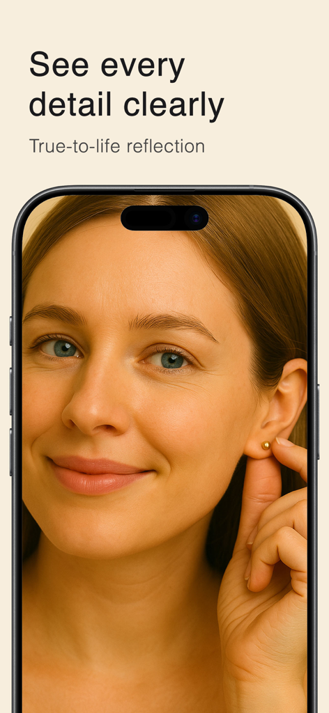 Mirror ツ - Una donna che usa l'app Mirror su un iPhone per vedere un riflesso dettagliato e nitido del suo viso e di un orecchino