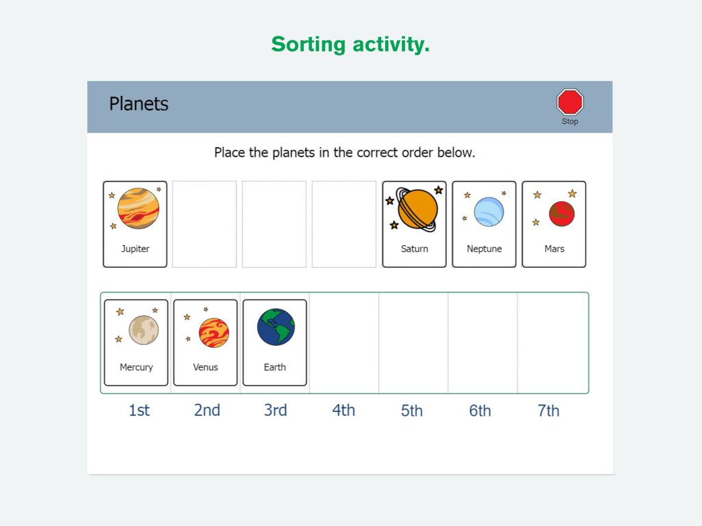 Boardmaker 7 Student Center - An interactive solar system sorting activity within the Boardmaker 7 Student Center app designed for special education students.