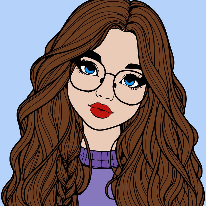 girl with long hair and freckles and glasses realistic