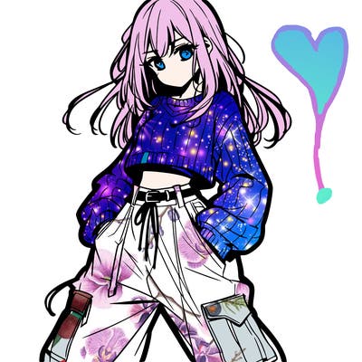 anime teen girl with baggy pants and crop top with sweater