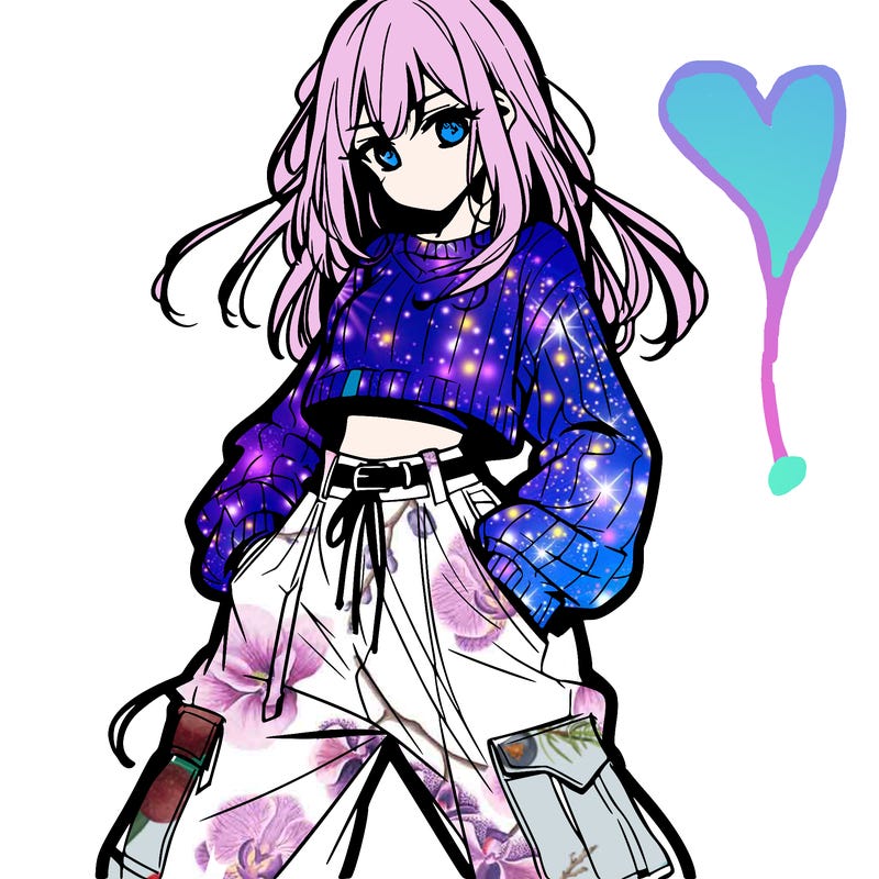 anime teen girl with baggy pants and crop top with sweater