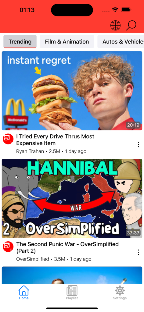 Mobile app home screen showing a feed of trending YouTube videos
