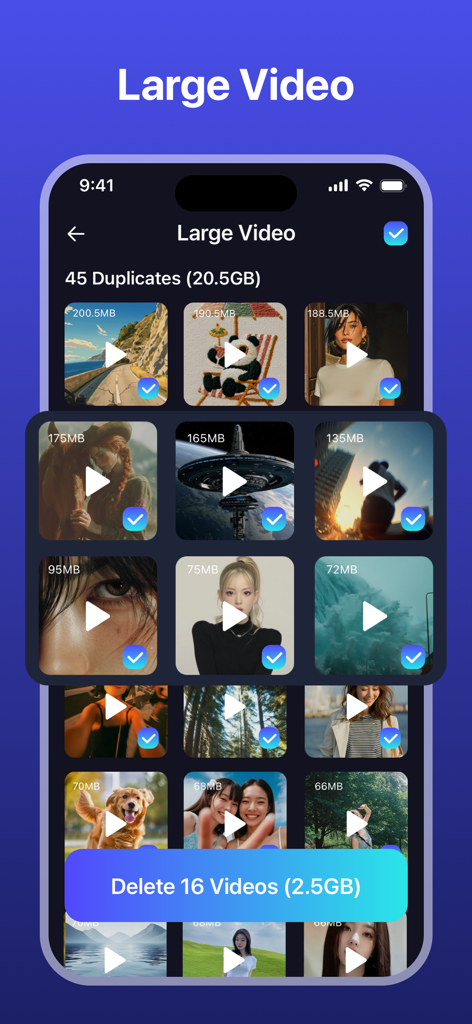 AI Cleaner Master - Una pantalla que muestra vídeos duplicados grandes que se eliminan para liberar espacio en AI Cleaner Master