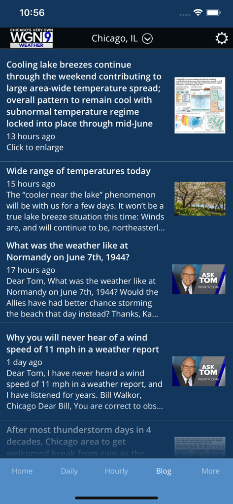 WGN-TV Chicago Weather - Screen showing weather blog articles and Ask Tom Skilling segments in the WGN-TV Chicago Weather app.