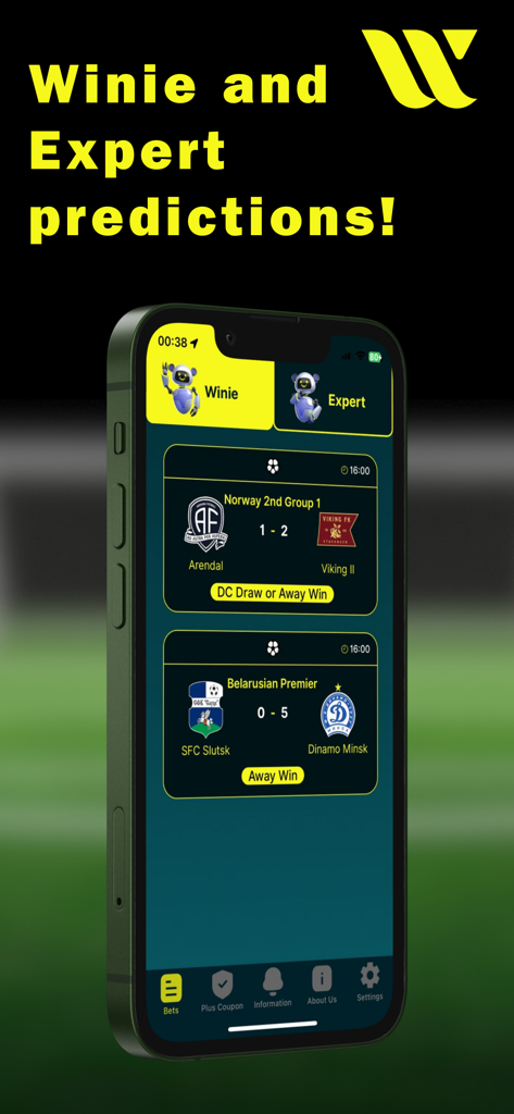 Winie - Football Betting Tips - Interfaz de la aplicación Winie que muestra predicciones de apuestas de fútbol de IA y expertos para varias ligas.
