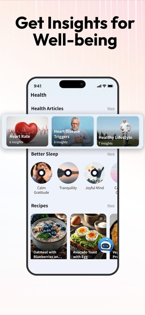 BP & Heart Rate Monitor - Mobile app interface displaying health articles sleep sounds and nutritional recipes