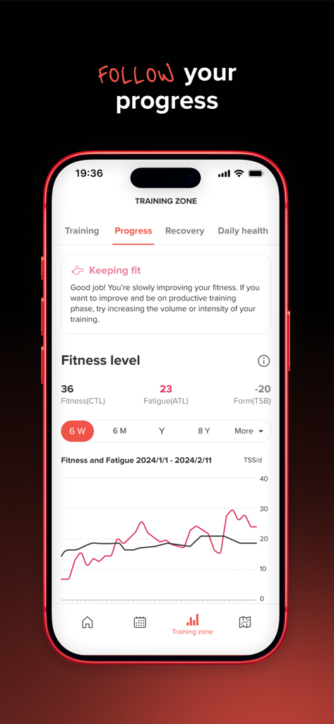 Sports Tracker: Run Bike Hike - Sports Tracker App-Screenshot zeigt Fitnesslevel-Metriken und ein Fortschrittsgrafik für Fitness und Ermüdung