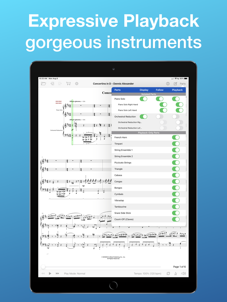 SuperScore Music - SuperScore Music app interface on iPad showing instrument playback and display settings over a digital score.