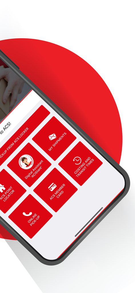 Dashboard der ACS Mobile App mit Funktionen wie Sendungsverfolgung, digitalem Assistenten, Standortsuche und Mitgliedskarte.