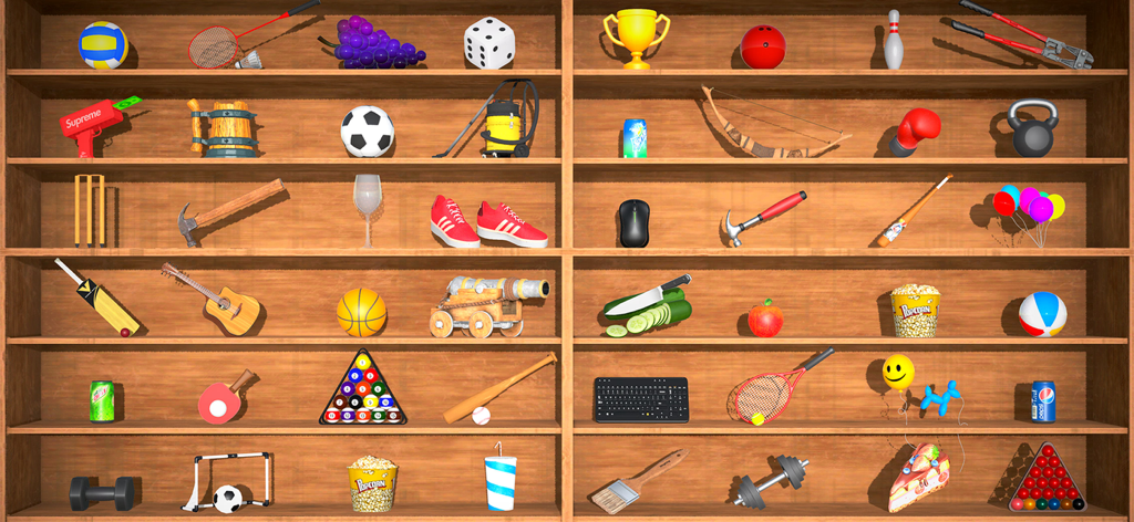 Mini Relaxing Antistress Games - Una vitrina de madera con varios objetos 3D para minijuegos relajantes