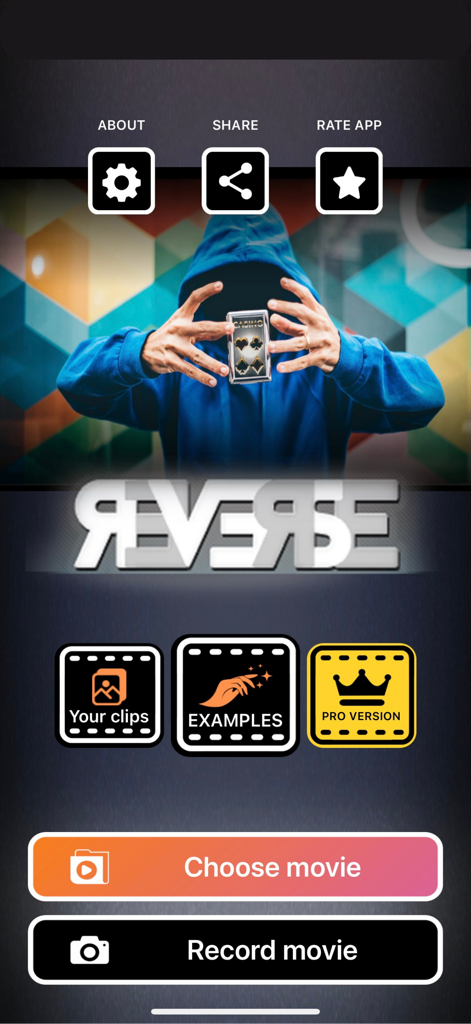 Reverse Video FX: Rewind Movie - Tela inicial do aplicativo Reverse Video FX mostrando truque de mágica e opções de menu