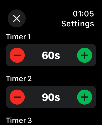 Gym Rest Timer - Flavr Apps - Settings screen on Apple Watch for customizing gym rest intervals with plus and minus buttons