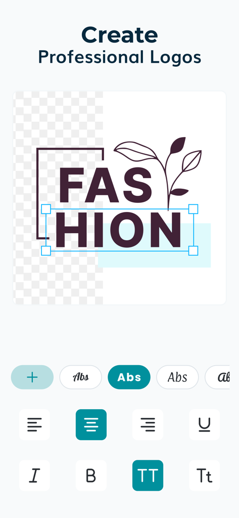 AI Digital Logo Design Maker - Interfaz de la app creadora de logos con IA que muestra un diseño de logo de moda con herramientas de edición de texto y alineación.