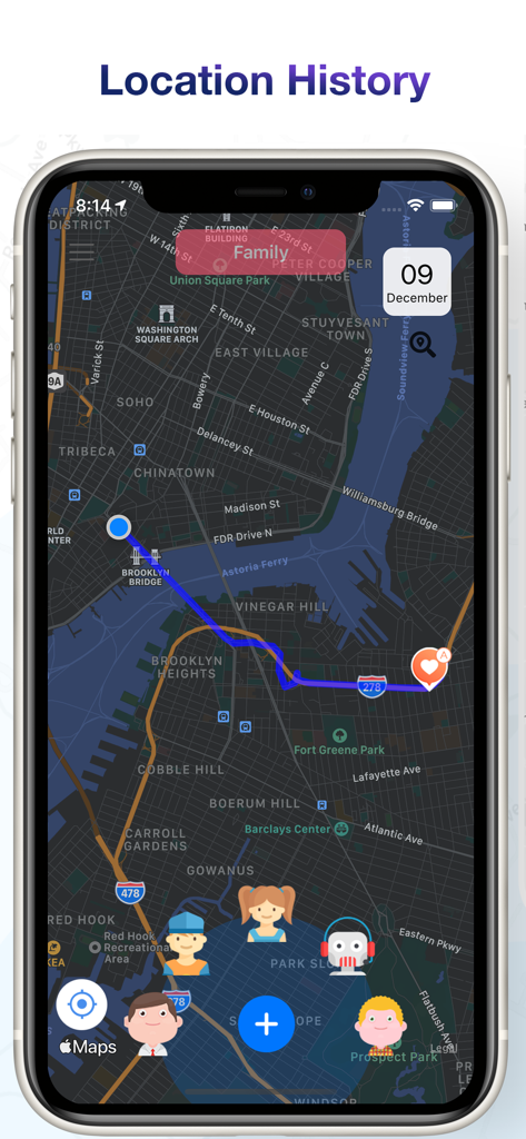 Find Family & Friends Locator - Interface do aplicativo Localizador de Família e Amigos mostrando o histórico de localização e o rastreamento de rota de um membro da família em um mapa