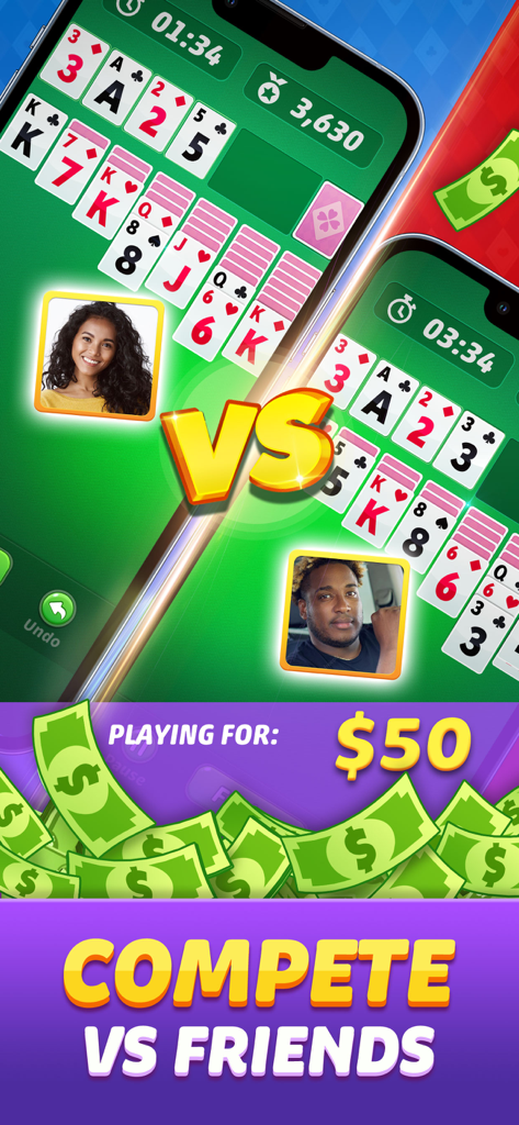 Solitaire Win Cash - Two players competing in a head-to-head Solitaire match for a 50 dollar cash prize