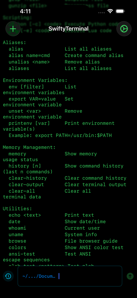 SwiftyTerminal app screen displaying a command line interface with a list of available commands for aliases environment variables and system utilities