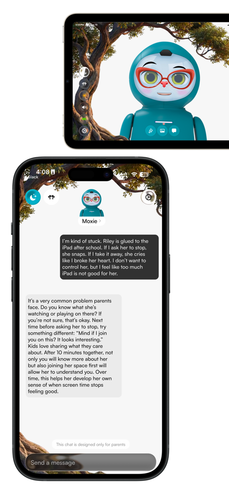 Moxie Robot App - Interface of the Moxie Robot App showing a parental advice chat and the AI robot avatar on mobile and tablet screens.