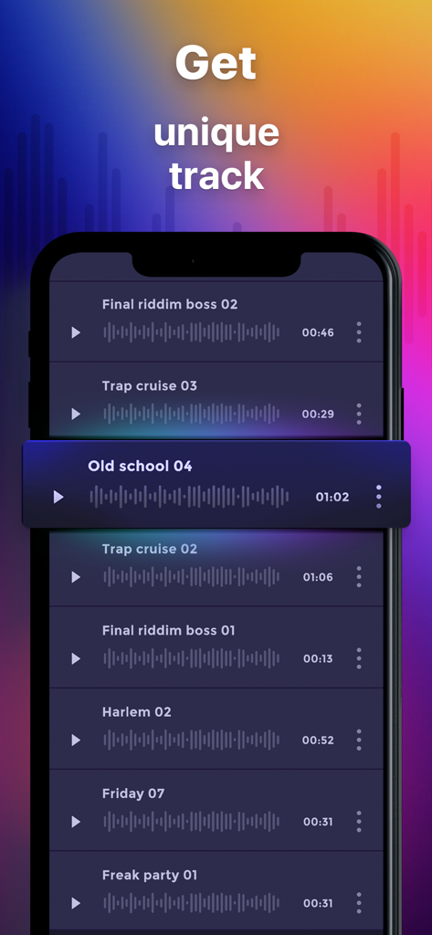 Beat Layers: Music, Beat Maker - A smartphone interface displaying a list of professional music tracks and loops in the Beat Layers app.