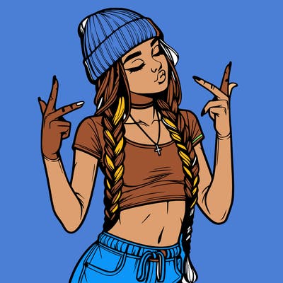 realistic teenage girl with braids and a beanie and crop top doing 🫶🏼