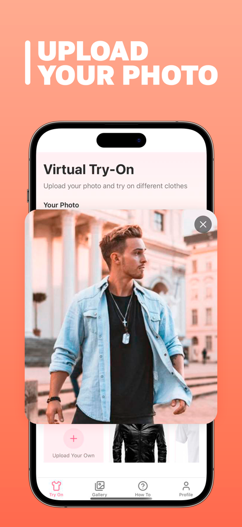 Interface de l'application PixelPro Vision plus montrant la fonction d'essayage virtuel avec une option de téléchargement de photo