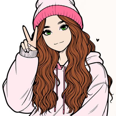 a teenage girl in a beanie, oversized sweatshirt, wavy long hair, and is showing a ✌️