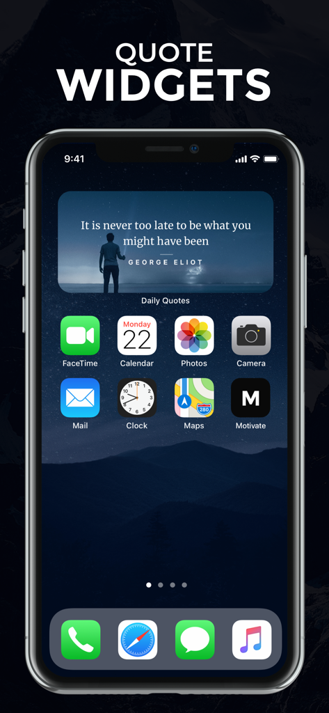 Motivate: Daily Motivation - Schermata iniziale di un iPhone con un widget di citazioni quotidiane dell'app Motivate con una citazione ispiratrice