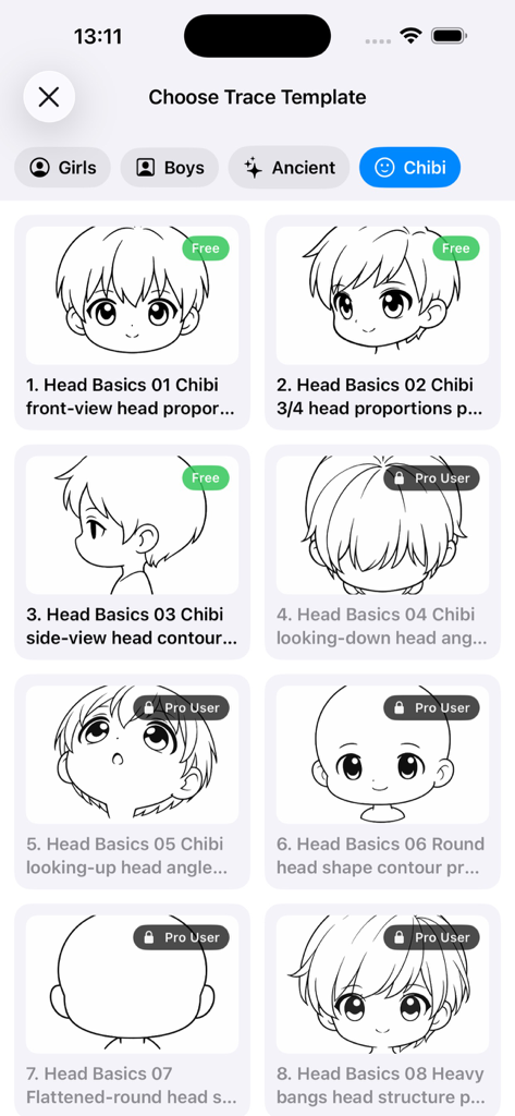 Auswahl von Chibi-Kopfzeichenvorlagen in der Trace Drawing App, die kostenlose und professionelle Optionen zeigen