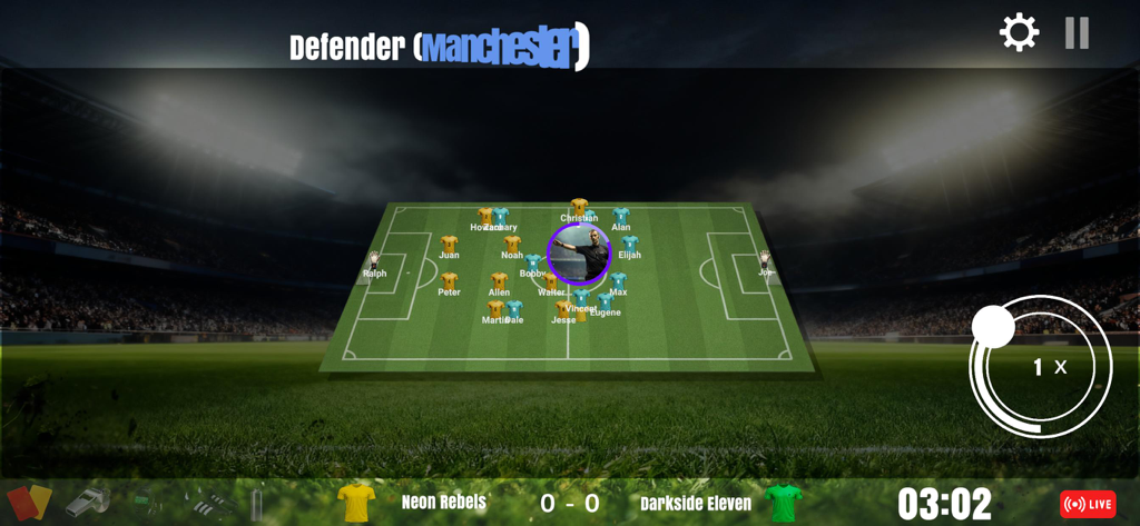 Ref Career : Soccer Simulator - Pantalla de juego de Ref Career Soccer Simulator con vista táctica del campo y estadísticas del partido