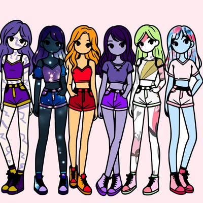 a group of girls wearing crop tops and shorts