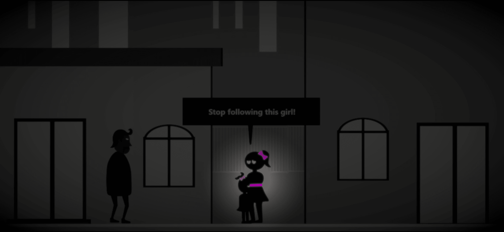Virago: Herstory 2 - Minimalist silhouette of a woman protecting a child from a mysterious man in a dark alley from the game Virago Herstory 2