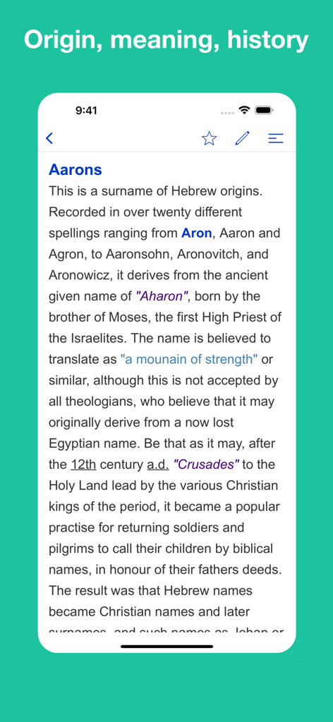 Una descripción detallada del significado del origen y la historia del apellido Aarons mostrada en la aplicación