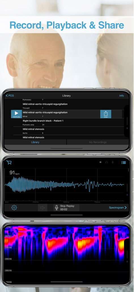 E-Stethoscope & Auscultation - Mobile app screens showing heart sound library and frequency spectrogram visualizations