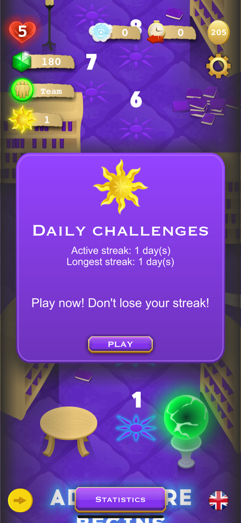 Daily Challenges popup window in Book-Man word game showing an active 1-day streak