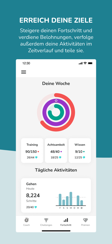 Mobile app interface of WorkLifePortal showing weekly activity goals and progress tracking.