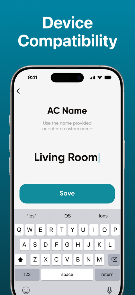 Setup screen for naming an air conditioner unit in the AC Remote Air Conditioner Pro app.