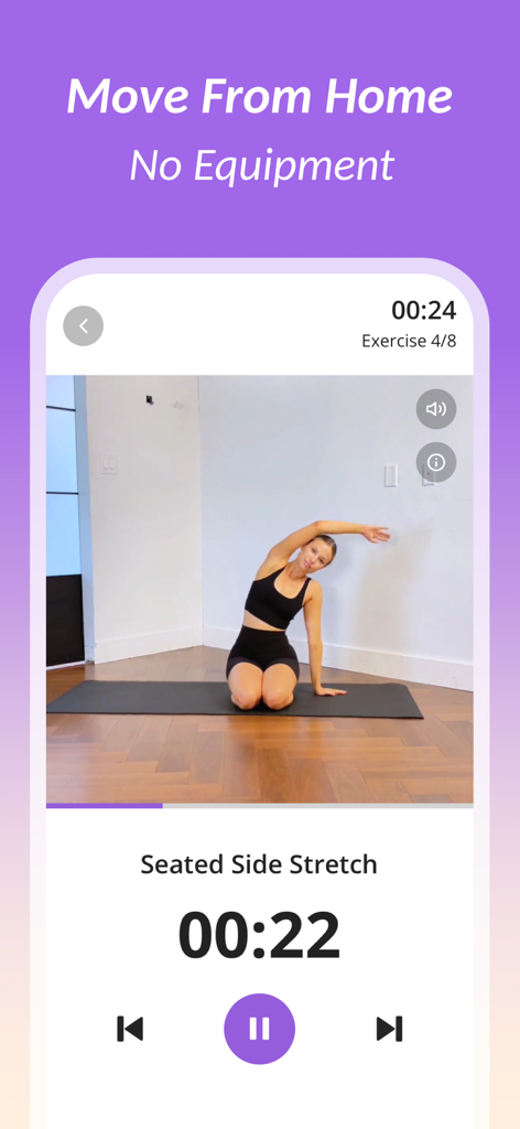 FitMama: Pregnancy Workout - Ejercicio guiado de estiramiento lateral sentado en la interfaz de la app móvil FitMama.