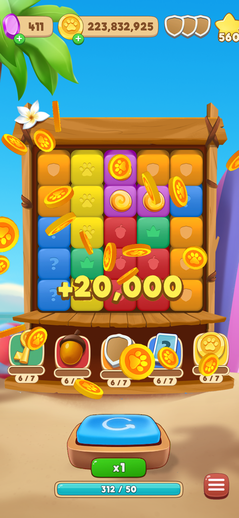 Tiles of Fortune blast puzzle gameplay with large coin reward