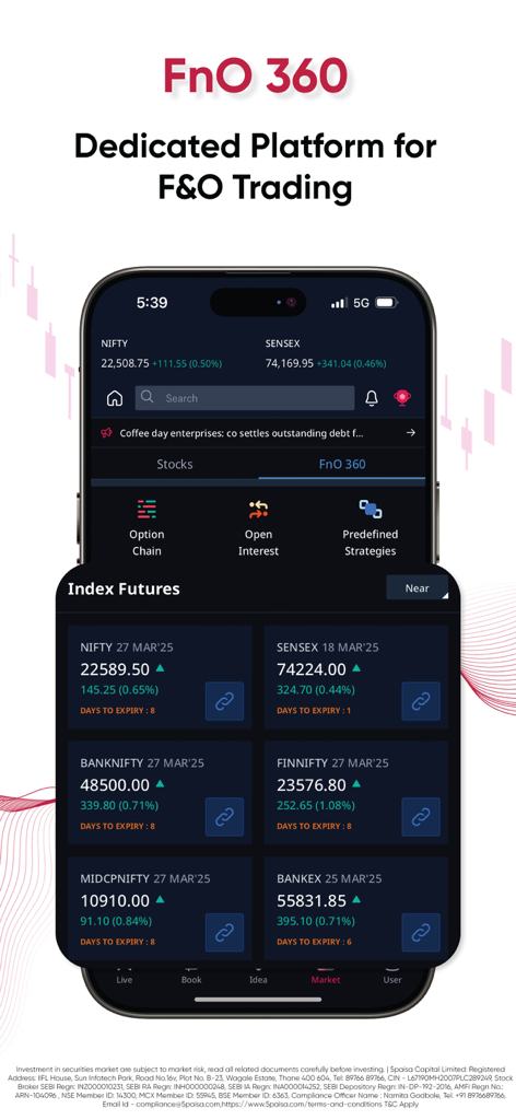 Interface de l'application 5paisa montrant le tableau de bord FnO 360 pour le trading de contrats à terme et d'options en Inde, incluant les indices NIFTY et SENSEX