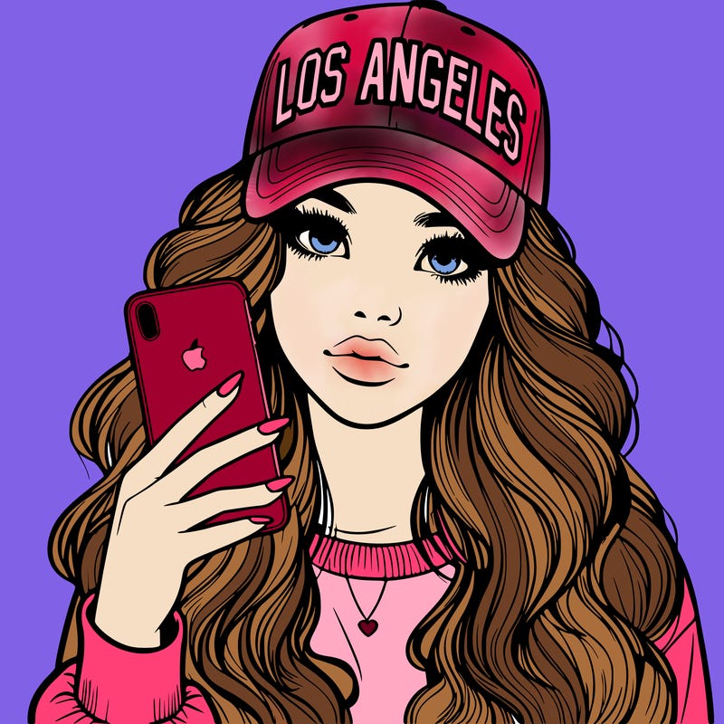 realistic beautiful girl wearing los ángeles cap holding an iphone