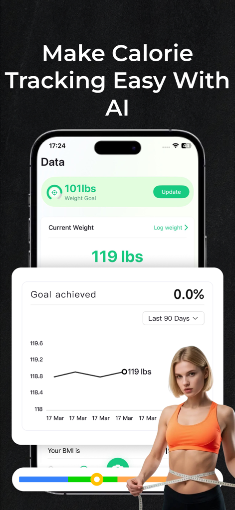 KCal AI:CalorieTracker&Counter - KCal AIアプリのインターフェース。減量進捗グラフと毎日のカロリー追跡目標を表示。