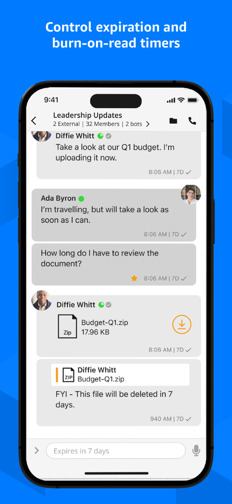 AWS WickrGov - Interfaccia AWS WickrGov che mostra messaggi effimeri e timer di scadenza file