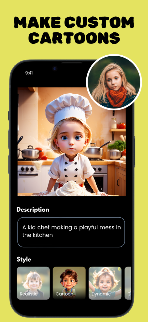 Wonderland: Cartoon Yourself - Una foto de un niño transformándose en un personaje de chef de dibujos animados 3D usando la interfaz de la aplicación Wonderland